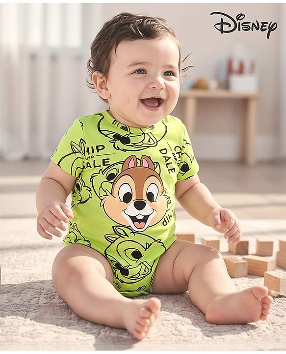 Babyhug Disney Interlock Knit Half Sleeves Onesie with Chip N Dale Print - Lime Green
