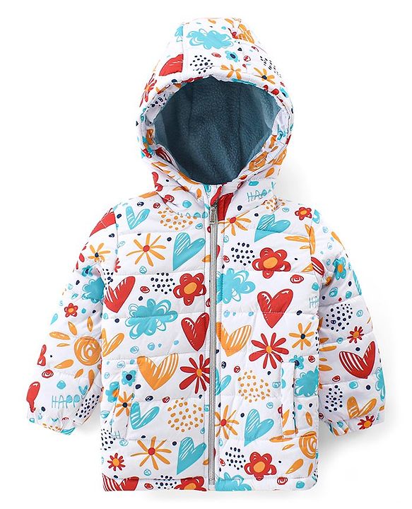 Babyhug Full Sleeves Hooded Front Zipper Padded Winter Wear Suit With Floral & Hearts Print - Multicolor