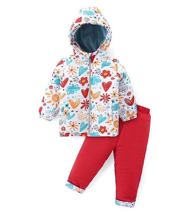 Babyhug Full Sleeves Hooded Front Zipper Padded Winter Wear Suit With Floral & Hearts Print - Multicolor