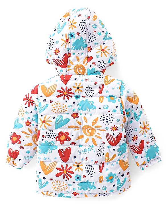 Babyhug Full Sleeves Hooded Front Zipper Padded Winter Wear Suit With Floral & Hearts Print - Multicolor