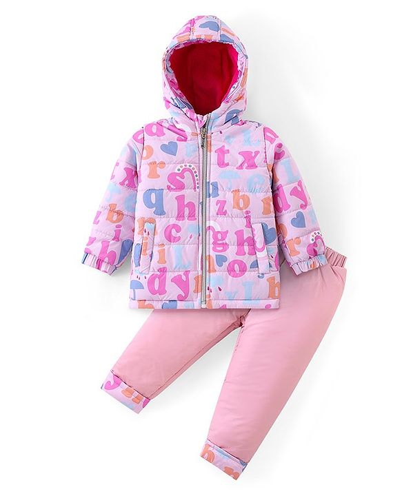 Babyhug Full Sleeves Front Zipper Hooded Winter Wear Suit With Alphabets Print - Pink