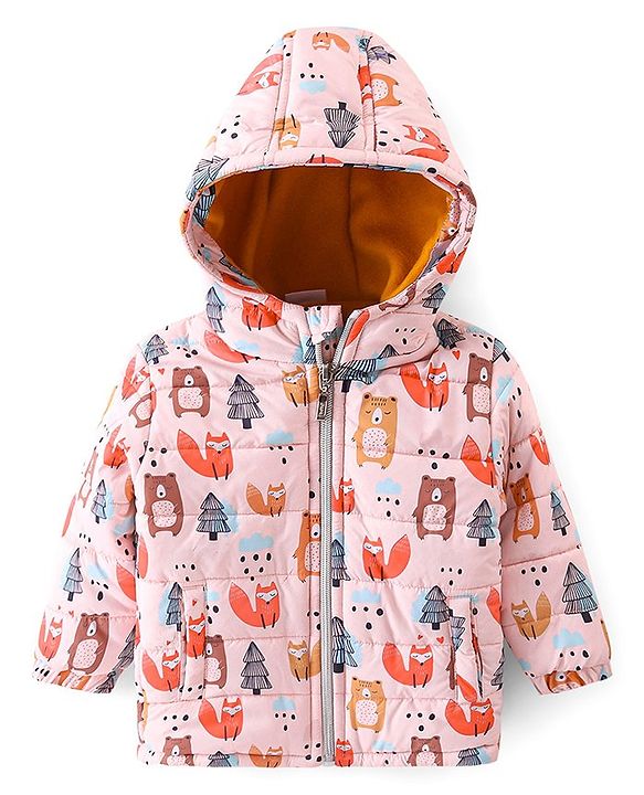 Babyhug Woven Full Sleeves Hooded Winter Wear Suit With Animals Print - Peach