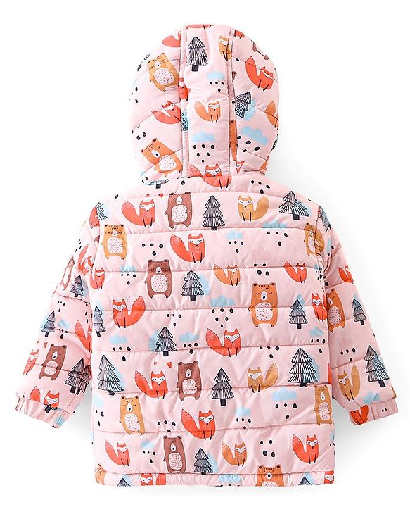 Babyhug Woven Full Sleeves Hooded Winter Wear Suit With Animals Print - Peach