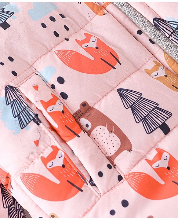 Babyhug Woven Full Sleeves Hooded Winter Wear Suit With Animals Print - Peach