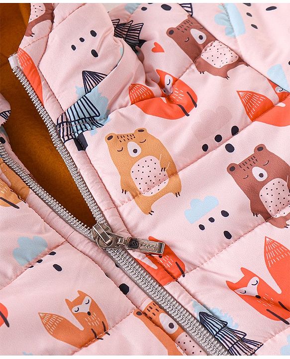 Babyhug Woven Full Sleeves Hooded Winter Wear Suit With Animals Print - Peach