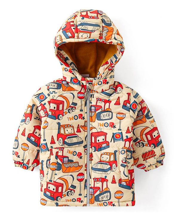 Babyhug Full Sleeves Hooded Winter Wear Suit With Vehicles Print - Mustard