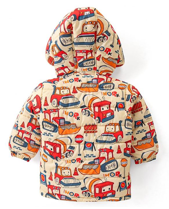 Babyhug Full Sleeves Hooded Winter Wear Suit With Vehicles Print - Mustard