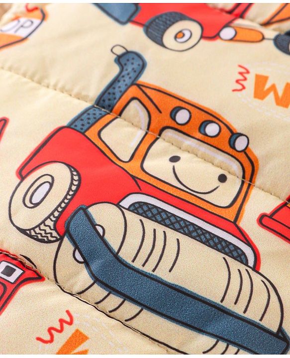 Babyhug Full Sleeves Hooded Winter Wear Suit With Vehicles Print - Mustard