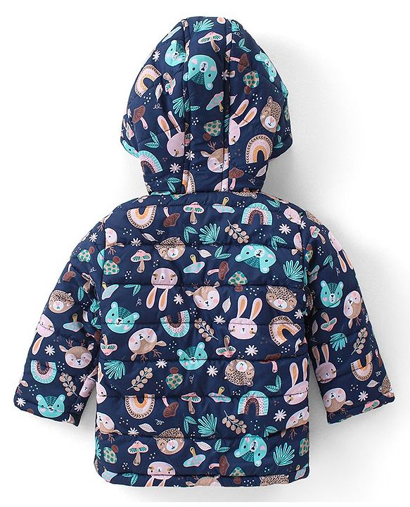 Babyhug Full Sleeves Hooded Front Zipper Padded Winter Wear Suit With Animals Print - Navy Blue