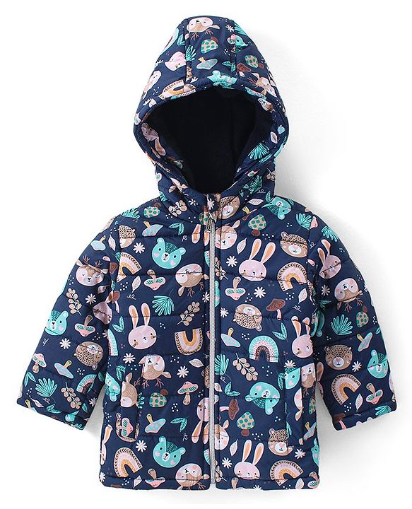 Babyhug Full Sleeves Hooded Front Zipper Padded Winter Wear Suit With Animals Print - Navy Blue