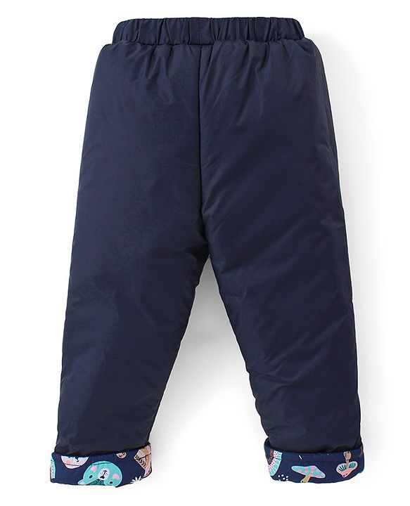 Babyhug Full Sleeves Hooded Front Zipper Padded Winter Wear Suit With Animals Print - Navy Blue