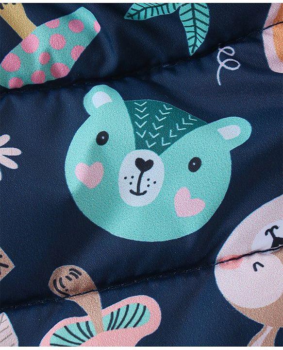 Babyhug Full Sleeves Hooded Front Zipper Padded Winter Wear Suit With Animals Print - Navy Blue
