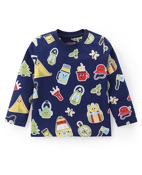Babyhug Cotton Knit Full Sleeves Night Suit with Cartoon Print - Navy Blue