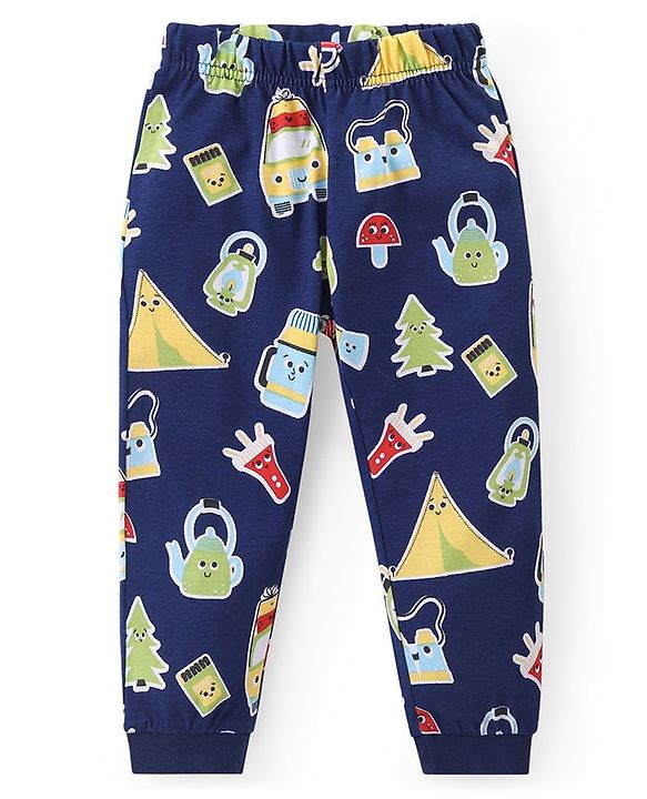Babyhug Cotton Knit Full Sleeves Night Suit with Cartoon Print - Navy Blue