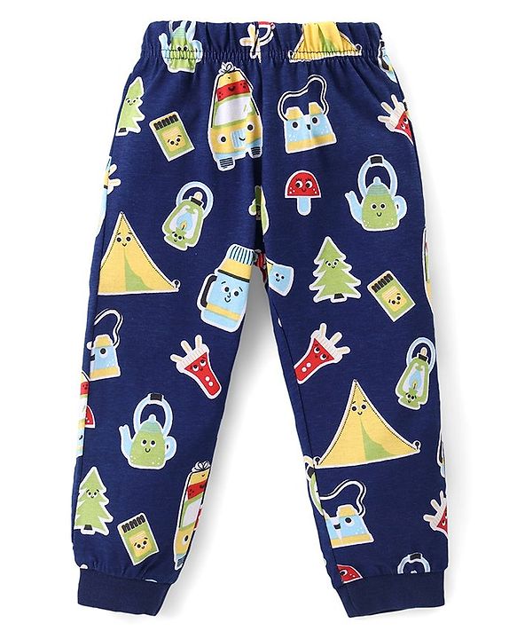 Babyhug Cotton Knit Full Sleeves Night Suit with Cartoon Print - Navy Blue