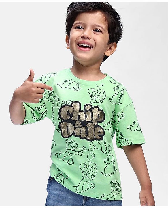 Babyhug Disney Cotton Knit Half Sleeves T-Shirt with Chip N Dale Graphic and Foil Print Detailing - Green