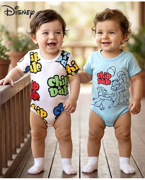 Babyhug Disney Interlock Knit Half Sleeves Onesies With Chip'n Dale Graphics Pack of 2 - White & Sky Blue