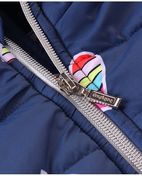 Babyhug Full Sleeves Padded Jacket with Hood Hearts Print - Navy Blue
