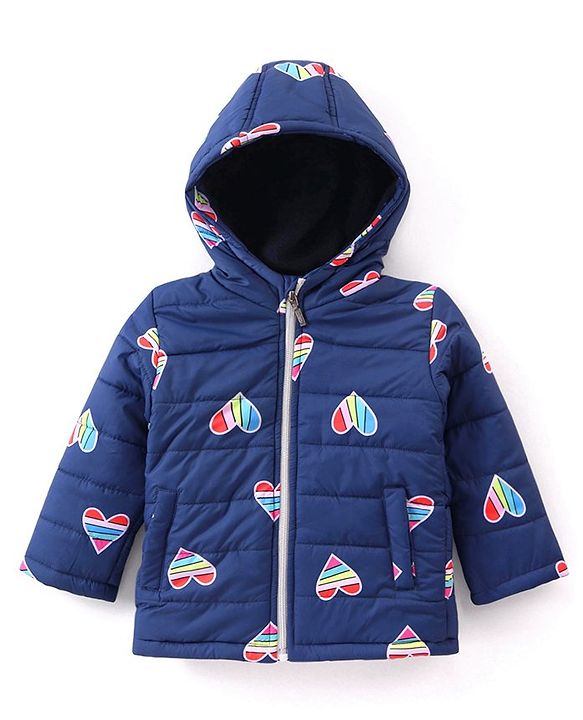 Babyhug Full Sleeves Padded Jacket with Hood Hearts Print - Navy Blue