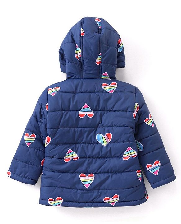 Babyhug Full Sleeves Padded Jacket with Hood Hearts Print - Navy Blue