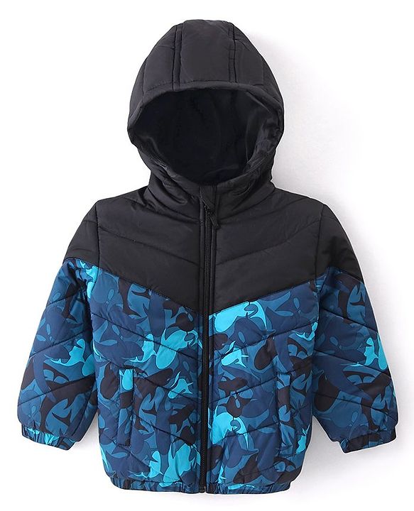 Babyhug Full Sleeves Padded Jacket with Hood Whale Print - Blue