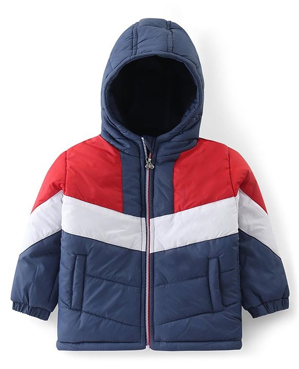 Babyhug Woven Full Sleeves Color Block Padded Hooded Jacket- Red & Navy Blue