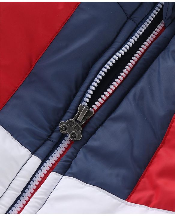 Babyhug Woven Full Sleeves Color Block Padded Hooded Jacket- Red & Navy Blue