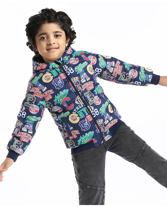 Babyhug Woven Full Sleeves Sports Theme Padded Hooded Jacket- Multicolor