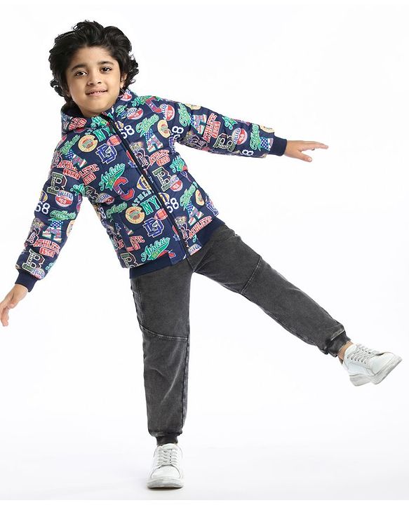Babyhug Woven Full Sleeves Sports Theme Padded Hooded Jacket- Multicolor