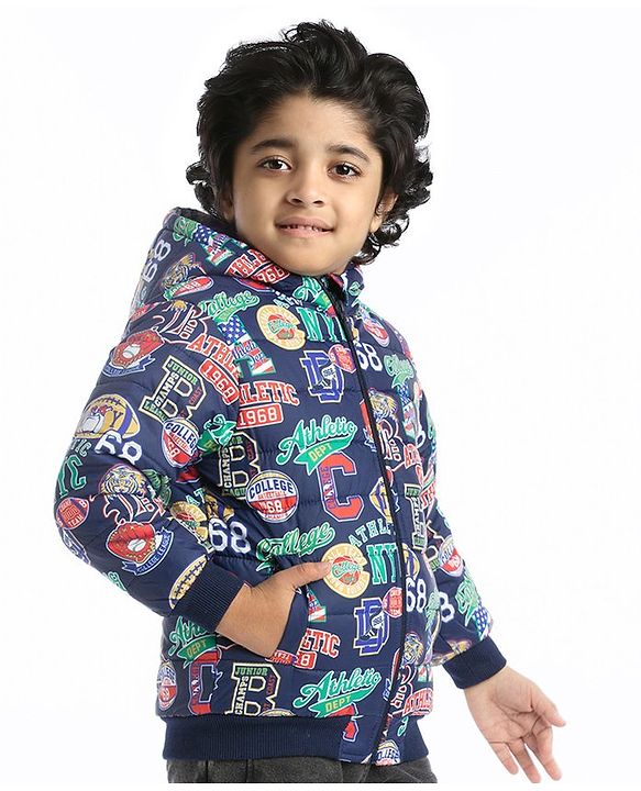 Babyhug Woven Full Sleeves Sports Theme Padded Hooded Jacket- Multicolor