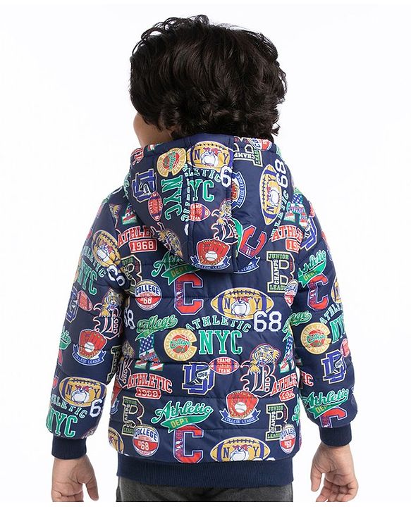 Babyhug Woven Full Sleeves Sports Theme Padded Hooded Jacket- Multicolor