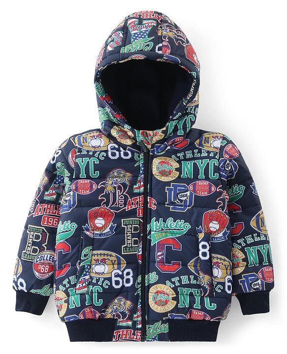 Babyhug Woven Full Sleeves Sports Theme Padded Hooded Jacket- Multicolor
