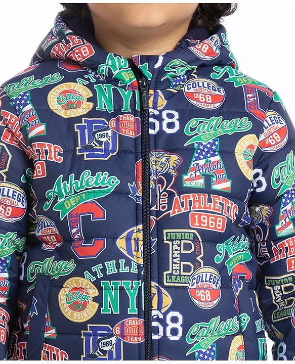 Babyhug Woven Full Sleeves Sports Theme Padded Hooded Jacket- Multicolor