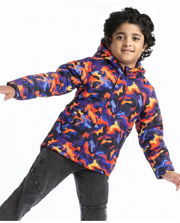 Babyhug Woven Full Sleeves Camouflage Print Padded Hooded Jacket- Blue & Orange