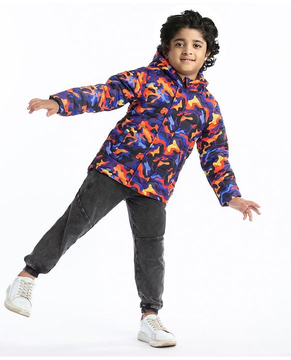 Babyhug Woven Full Sleeves Camouflage Print Padded Hooded Jacket- Blue & Orange