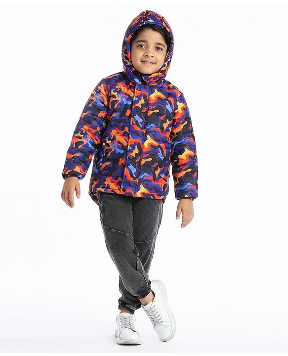 Babyhug Woven Full Sleeves Camouflage Print Padded Hooded Jacket- Blue & Orange