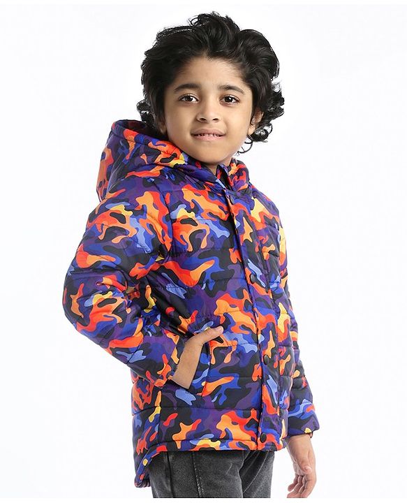 Babyhug Woven Full Sleeves Camouflage Print Padded Hooded Jacket- Blue & Orange