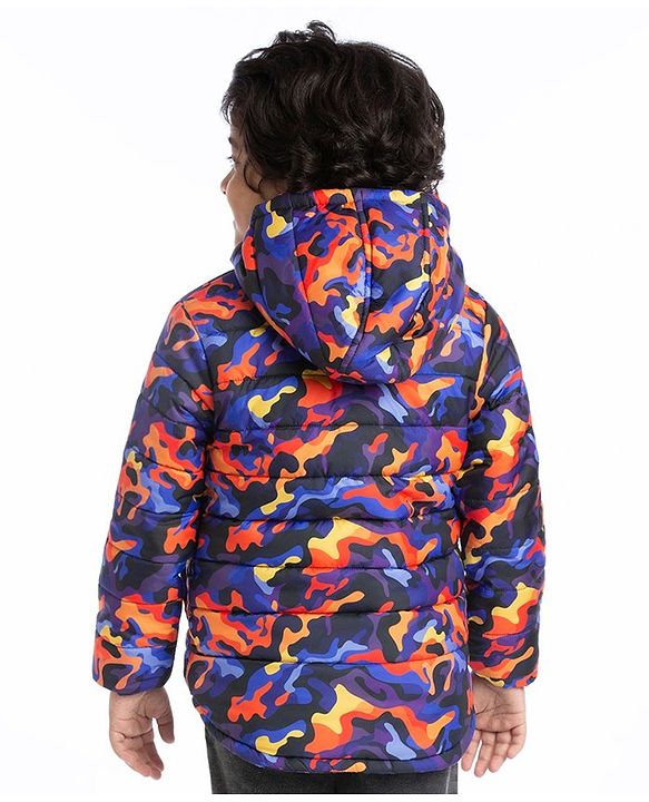 Babyhug Woven Full Sleeves Camouflage Print Padded Hooded Jacket- Blue & Orange