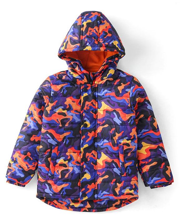 Babyhug Woven Full Sleeves Camouflage Print Padded Hooded Jacket- Blue & Orange