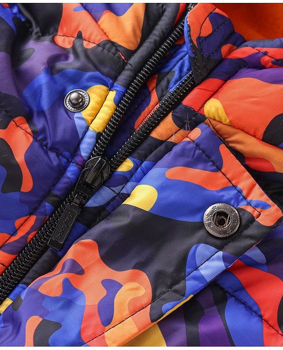 Babyhug Woven Full Sleeves Camouflage Print Padded Hooded Jacket- Blue & Orange