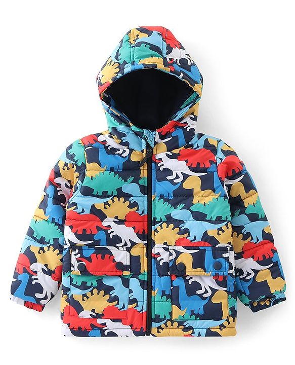 Babyhug Woven Full Sleeves Padded Hooded Jacket With Dino Print- Multicolor