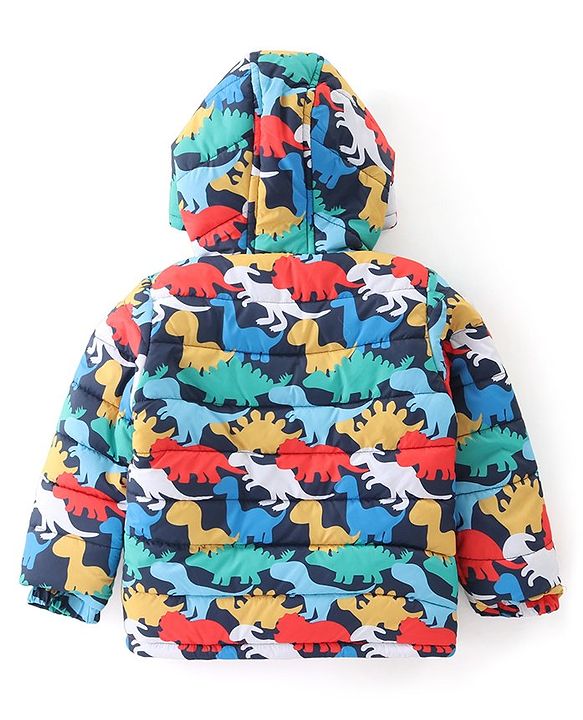 Babyhug Woven Full Sleeves Padded Hooded Jacket With Dino Print- Multicolor