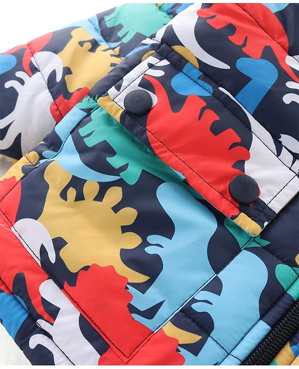 Babyhug Woven Full Sleeves Padded Hooded Jacket With Dino Print- Multicolor