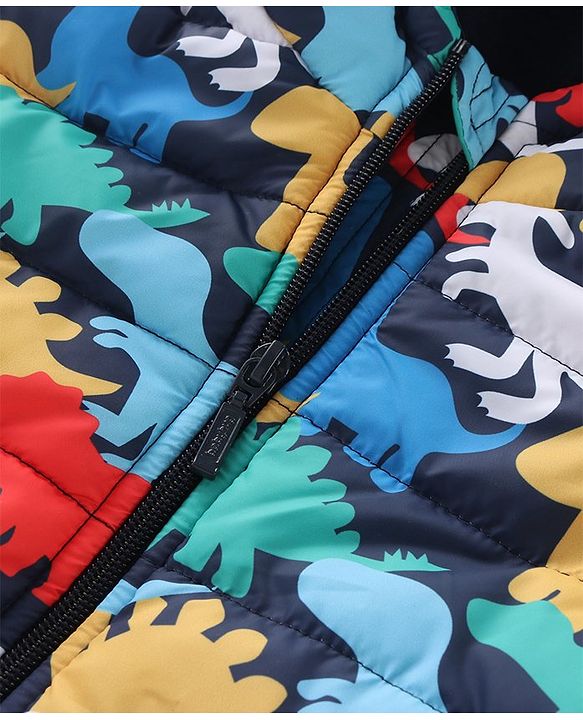 Babyhug Woven Full Sleeves Padded Hooded Jacket With Dino Print- Multicolor
