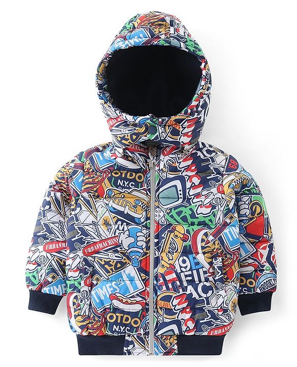 Babyhug Woven Full Sleeves Printed Padded Hooded Jacket- Multicolor