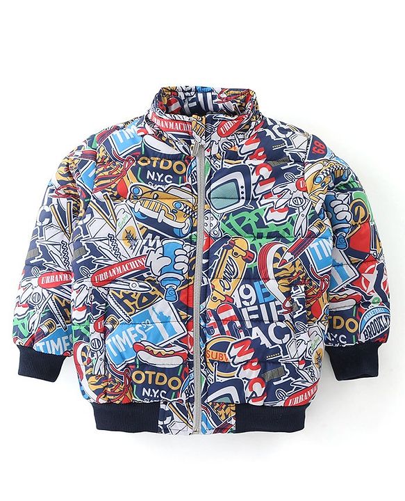Babyhug Woven Full Sleeves Printed Padded Hooded Jacket- Multicolor