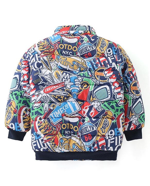 Babyhug Woven Full Sleeves Printed Padded Hooded Jacket- Multicolor