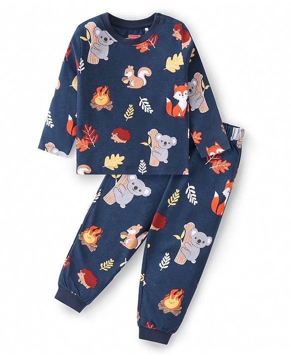 Babyhug Cotton Knit Full Sleeves Night Suit with Animal Print - Navy Blue