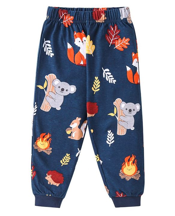 Babyhug Cotton Knit Full Sleeves Night Suit with Animal Print - Navy Blue