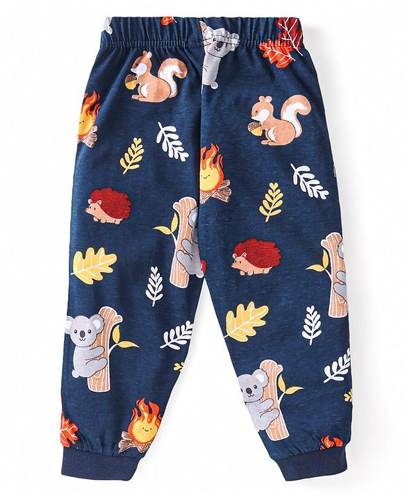 Babyhug Cotton Knit Full Sleeves Night Suit with Animal Print - Navy Blue